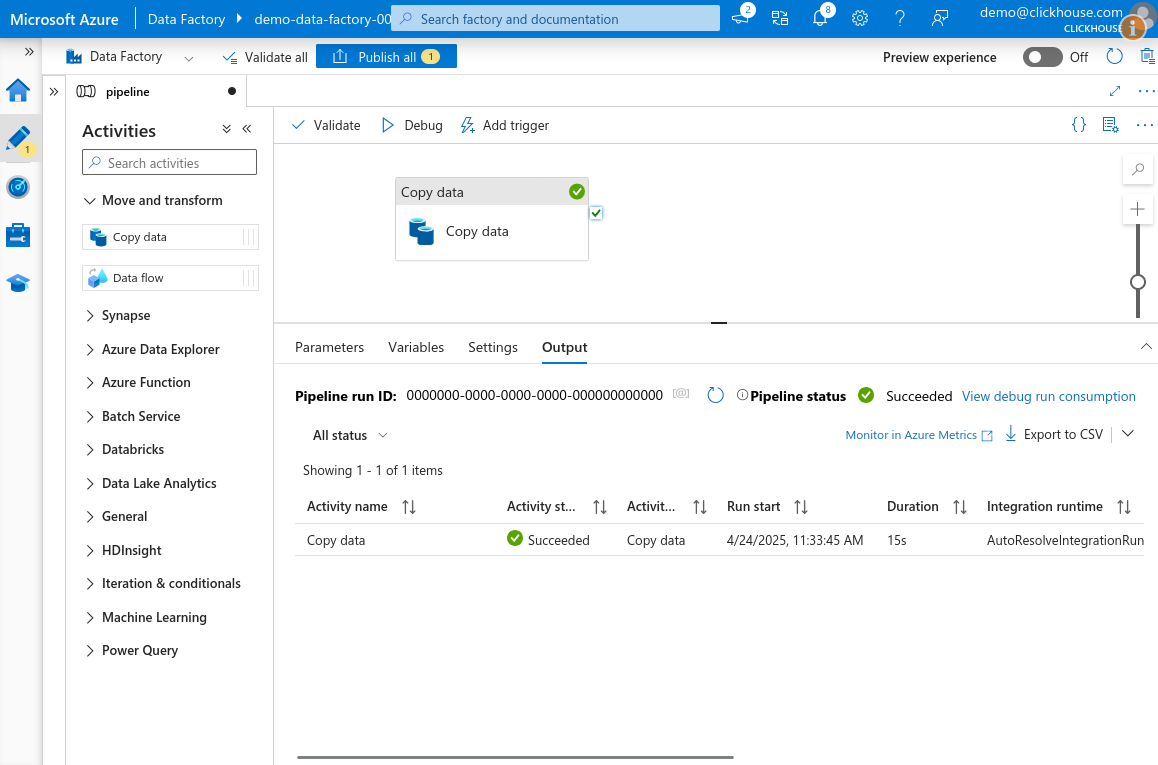 Успешная отладка Copy Data